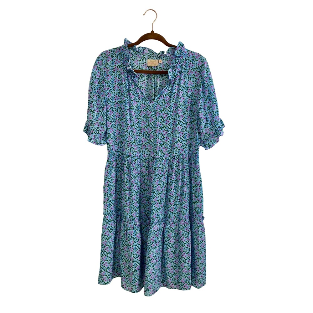 Rungolee Blue Pink Floral Tiered Shift Dress Ruffle V Neck Short Sleeve Medium M